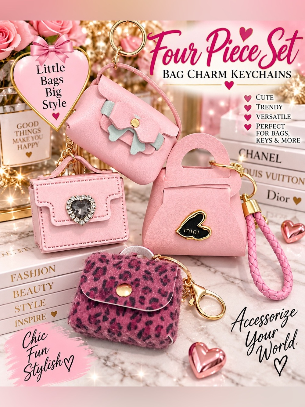 Pretty in pink bag, charm keychain set